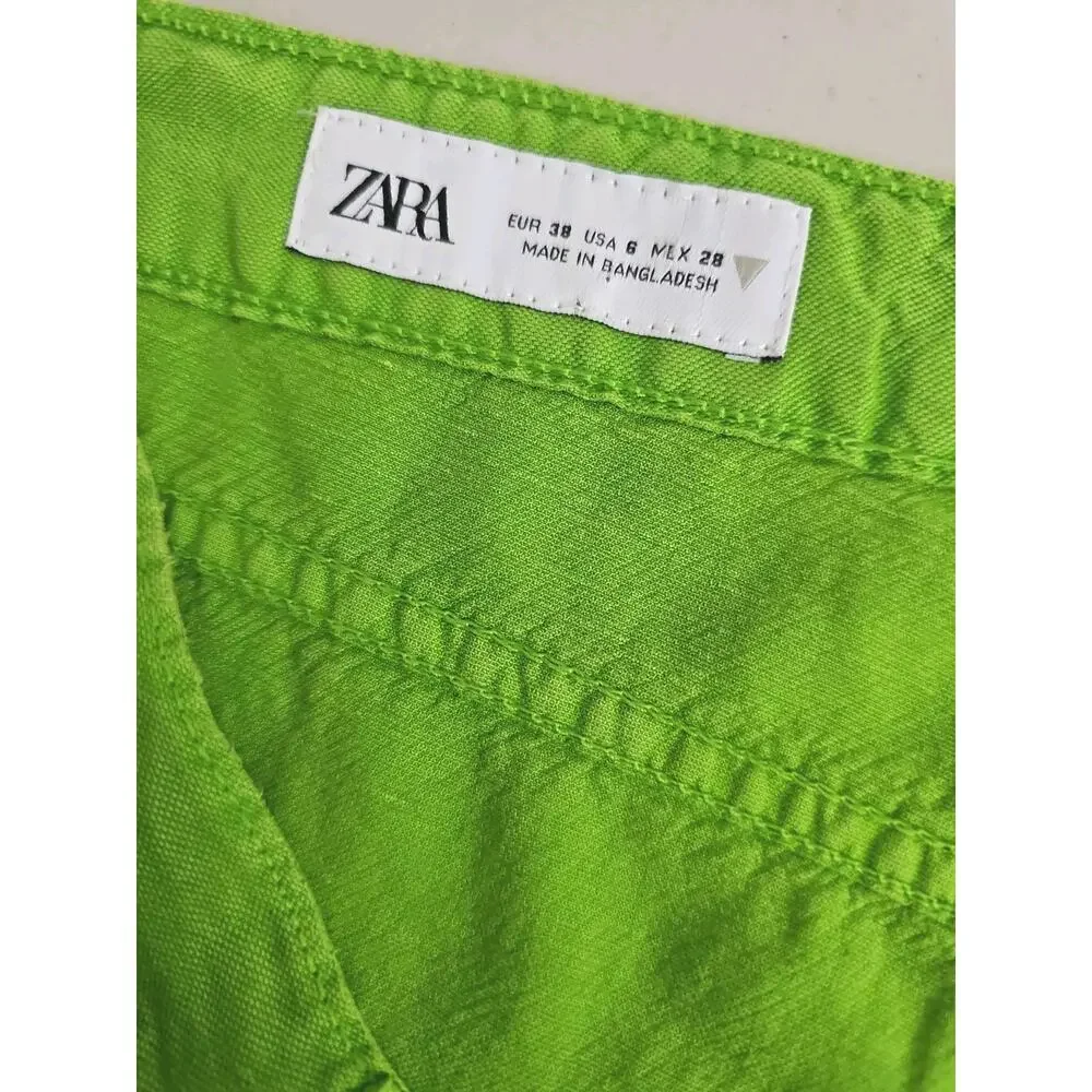 ZARA ~Woman Size 6(US)~ Apple Green Mid-Rise Linen Blend Wide Leg Pants NWT.